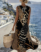 Midi Shift Kjole med Farveblok og Leopardprint