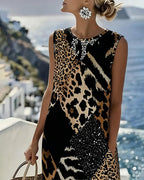 Midi Shift Kjole med Farveblok og Leopardprint