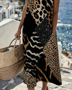 Midi Shift Kjole med Farveblok og Leopardprint