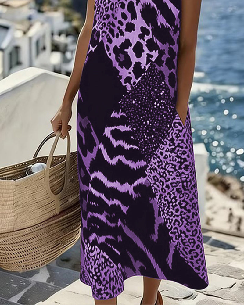 Midi Shift Kjole med Farveblok og Leopardprint