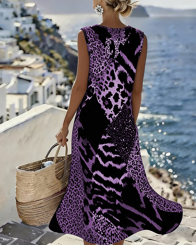 Midi Shift Kjole med Farveblok og Leopardprint