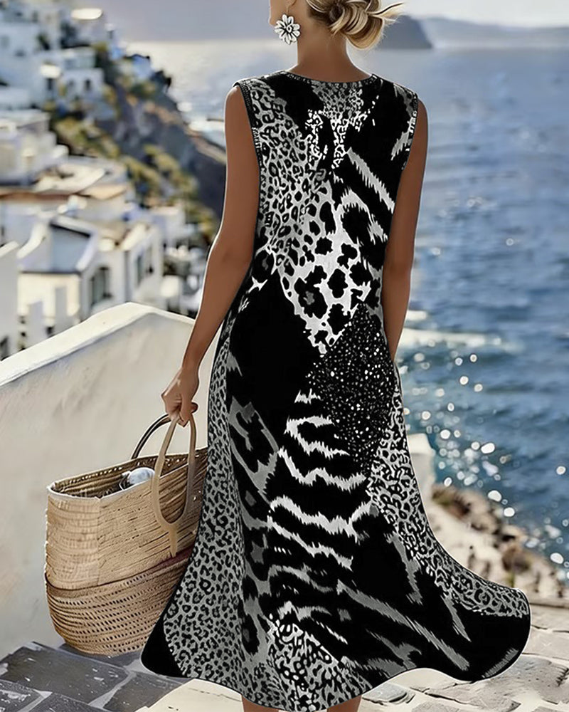 Midi Shift Kjole med Farveblok og Leopardprint