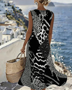 Midi Shift Kjole med Farveblok og Leopardprint