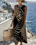 Midi Shift Kjole med Farveblok og Leopardprint