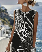 Midi Shift Kjole med Farveblok og Leopardprint